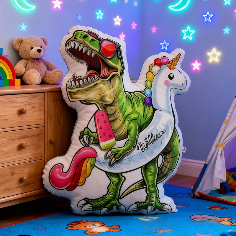 Personalized Cartoon Dinosaur-Themed with Name Graphic 3D Print Pillow Christmas Gift for Kids or Baby Birthday Gift