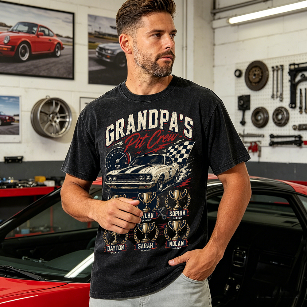 Personalized Grandpa's Pit Crew T-Shirt, Custom Vintage Race Car Shirt with Grandkids Names, Retro Racing Tee for Car-Loving Grandfathers, Fathers Day Gift