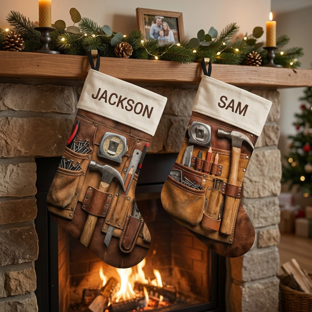 Personalized Woodworker Christmas Stocking Custom Name Carpenter Tools Rustic Workshop Gift For Him Dad Grandpa Holiday Fireplace Mantel Decoration