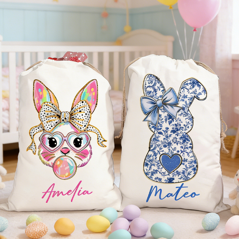 Personalized Cute Bow Bunny Drawstring Gift Bag with Name Easter Party Gift for Kids Family