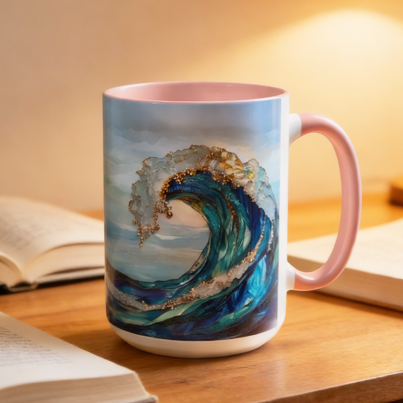 Personalized Ocean Waves Stained Glass Print Coffee Mug with Name Romantic Pastel Coffee Cup Birthday Gift 