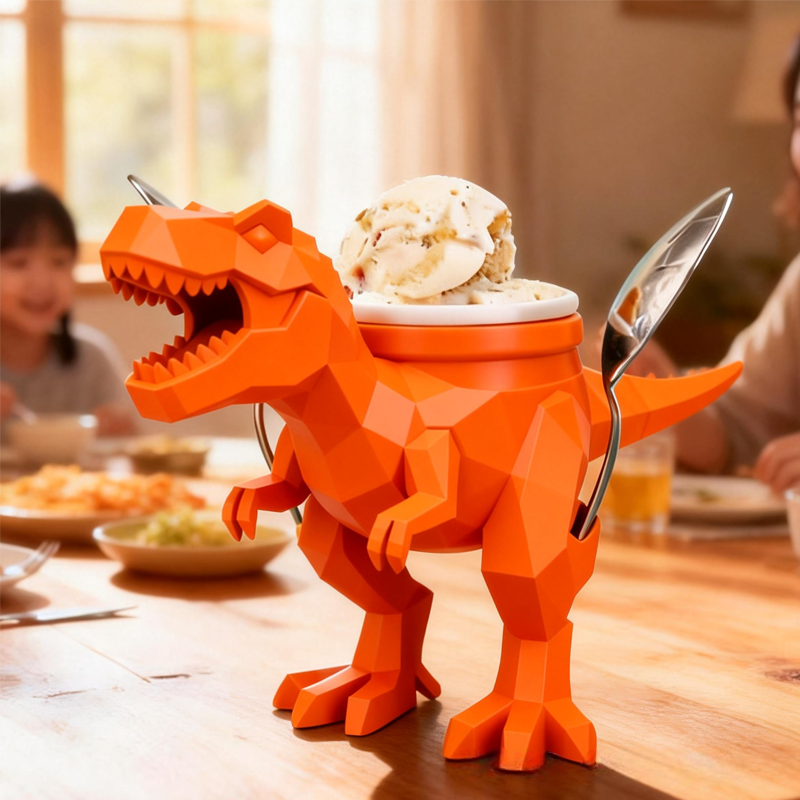 Dinosaur Theme Custom Name Cool Green T Rex Ice Cream Holder 3D Printed Cozy with Spoon Slot