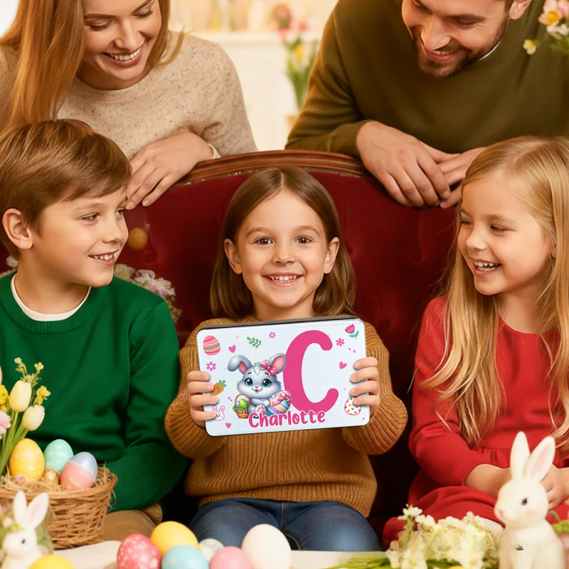 Personalized Cartoon Bunny Easter Eggs Food Grade Metal Biscuit Tin Storage Box with Name Easter Holiday Gift for Family Kids