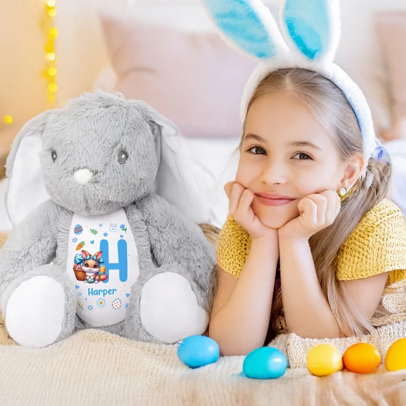 Personalized Cute Peter Rabbit Plush Easter Bunny Stuffed Toy with Initial and Name Easter Birthday Gift for Kids