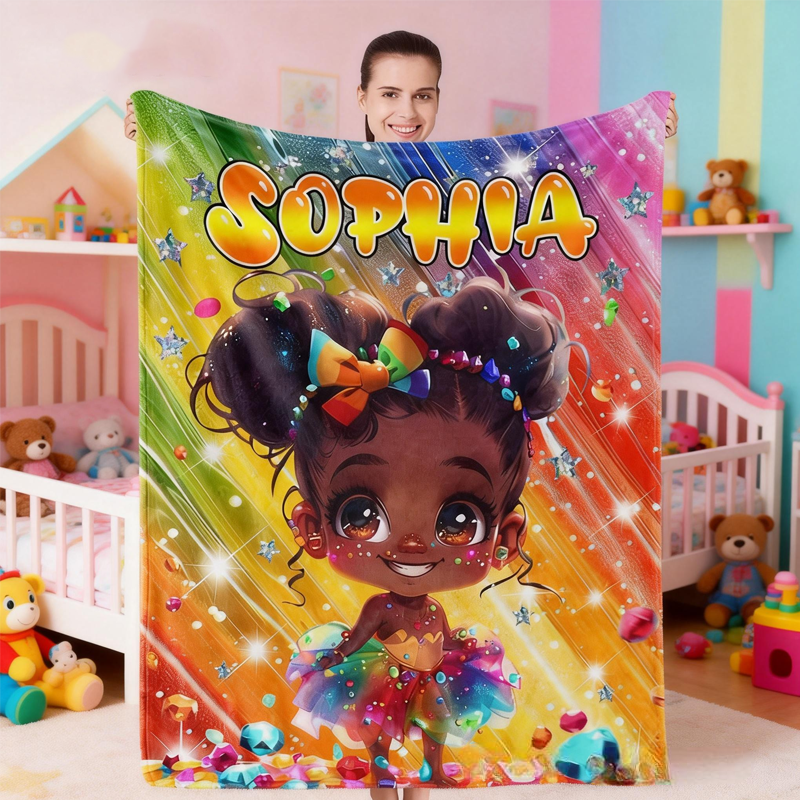 Personalized Afro Girl Fleece Soft Throw Blanket with Name Birthday Gift for Children Girls