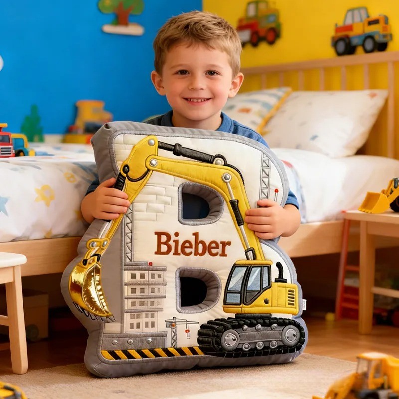 Personalized Excavator Theme Initial Name Graphic 3D Print Pillow Christmas Gift for Kids