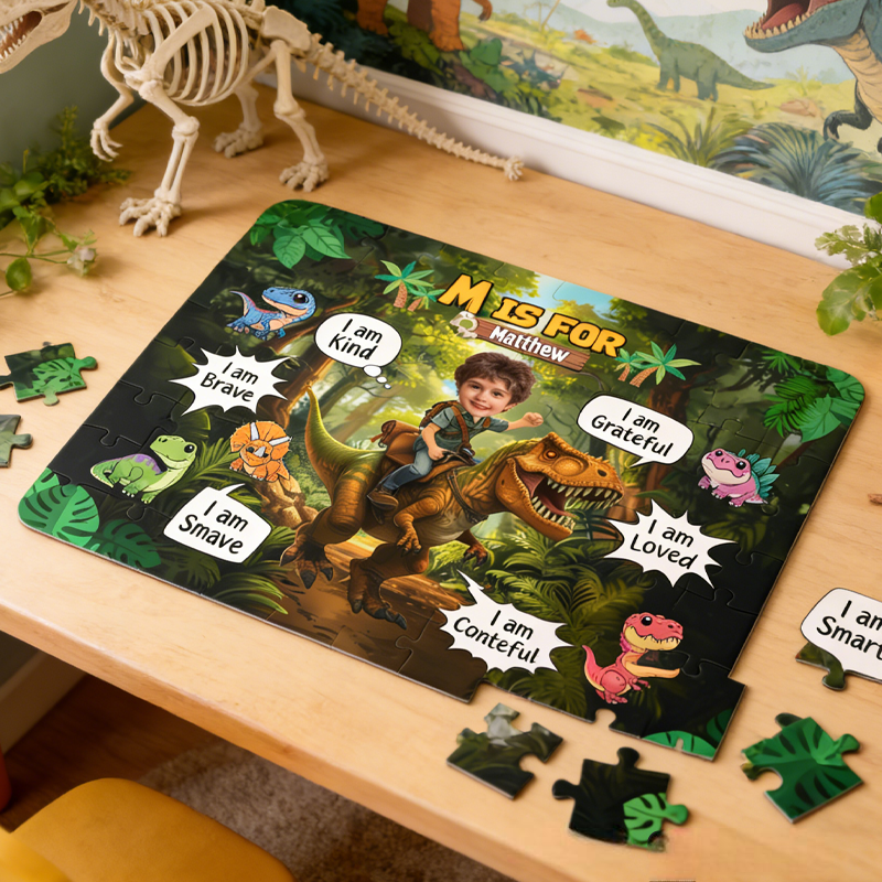 Personalized Little Boy Riding Dinosaur I Am Kind I Am Brave Photo Jigsaw Puzzle