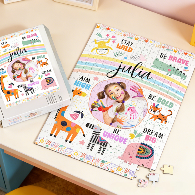 Personalized Stay Wild Affirmations for Kids With Safari Animals Photo Jigsaw Puzzle