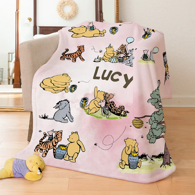 Personalized Classic Winnie the Pooh Illustration Soft Throw Blanket with Name Nusery Decor Birthday Baby Shower Gift for Newborns Boys Girls