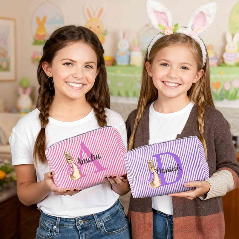 Personalized Name Rabbit Bunny Alphabet Striped Makeup Bag Travel Toiletry Pouch Birthday Easter Gift for Her Girls 