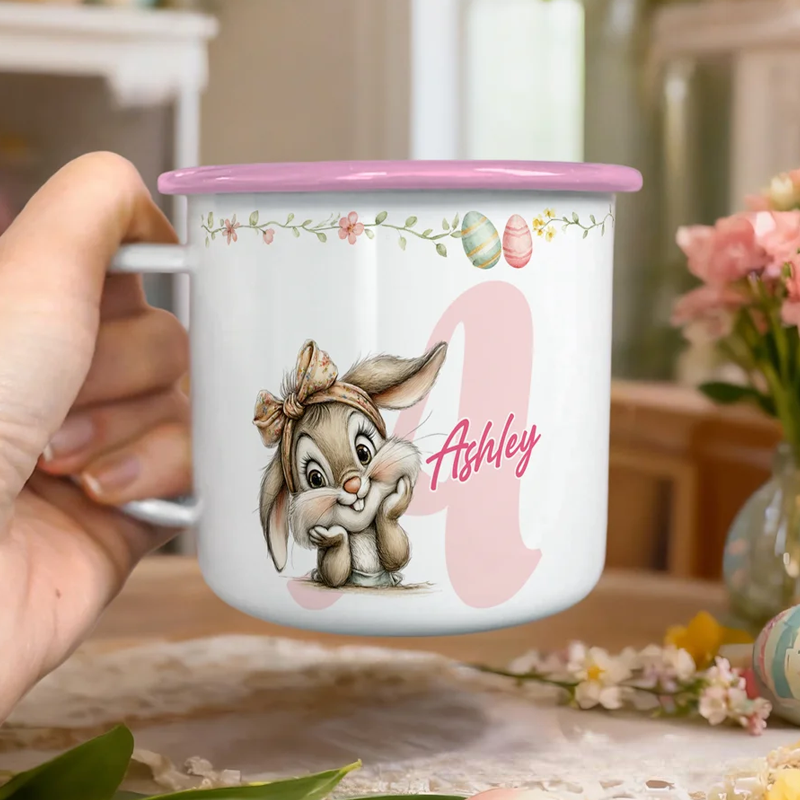 Personalized Cartoon Easter Bunny Initial 12 oz Colored Rim Enamel Mug with Name Easter Gift for Boys and Girls
