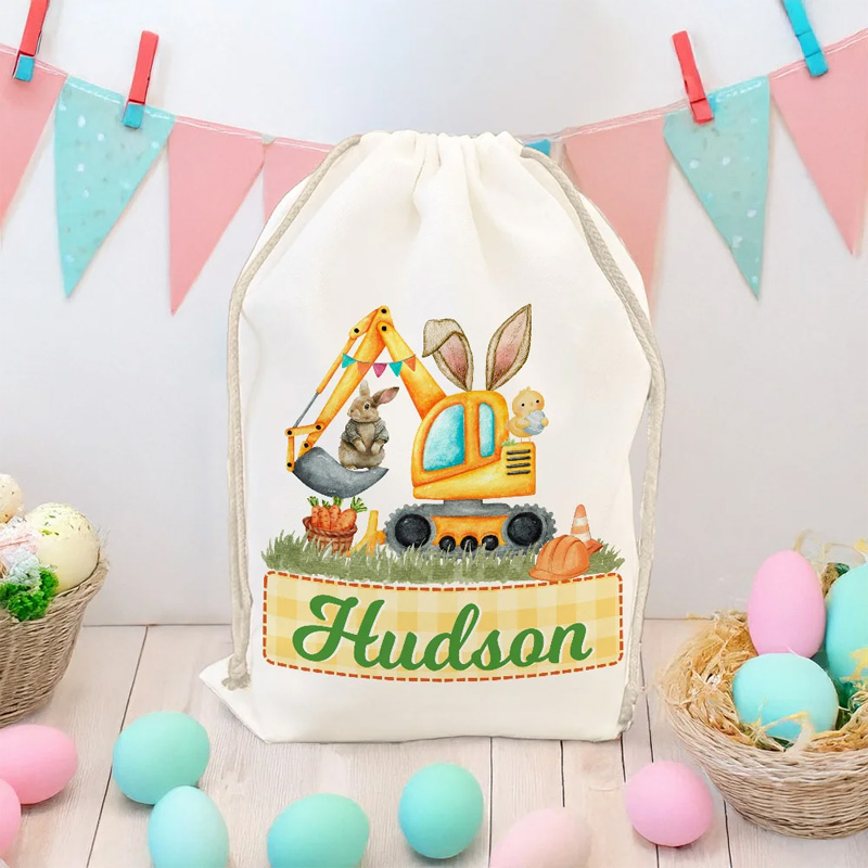 Personalized Cute Bunny Ears Excavator Design Drawstring Treat Bag with Multicolor Name Easter Birthday Party Gifts for Kids