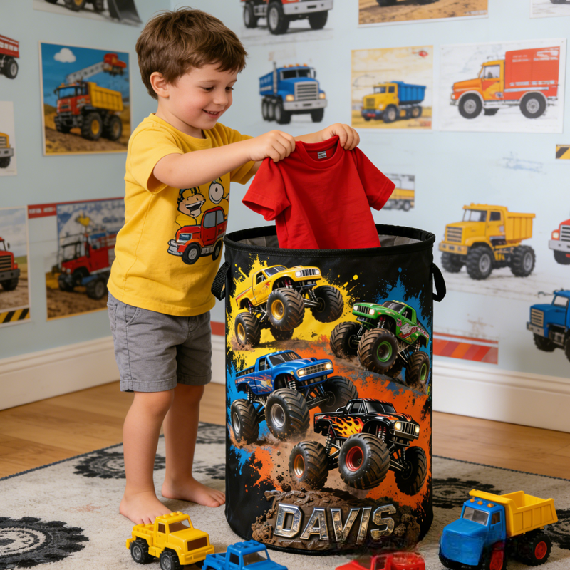 Personalized Monster Truck Themed Laundry Hamper Birthday Gift for Kids