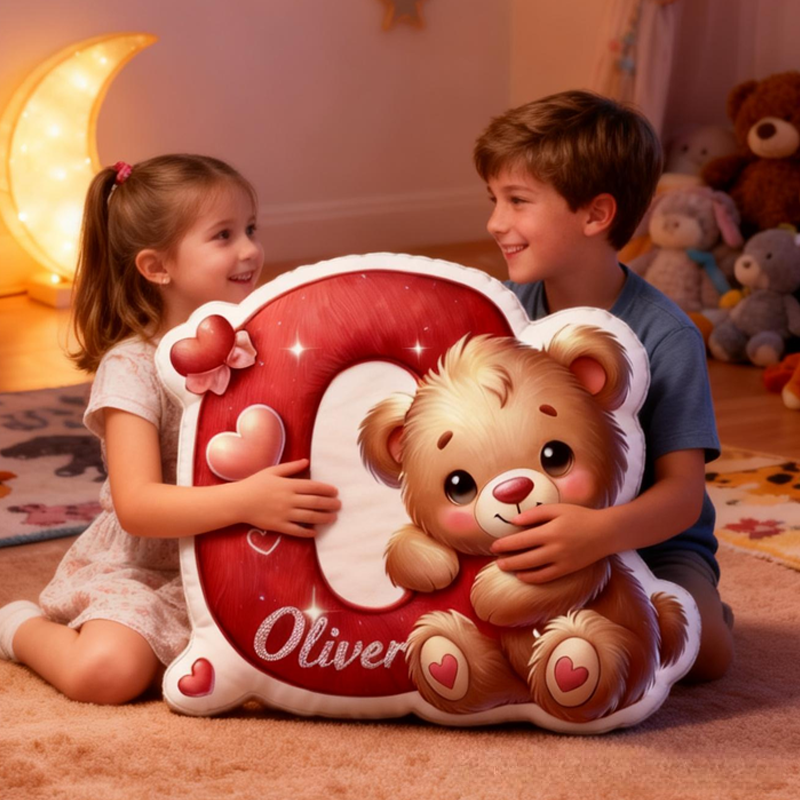 Personalized Cute Romantic Heart Cartoon Bear Initial with Name Graphic 3D Print Pillow Valentine's Day Gifts Funny Gifts