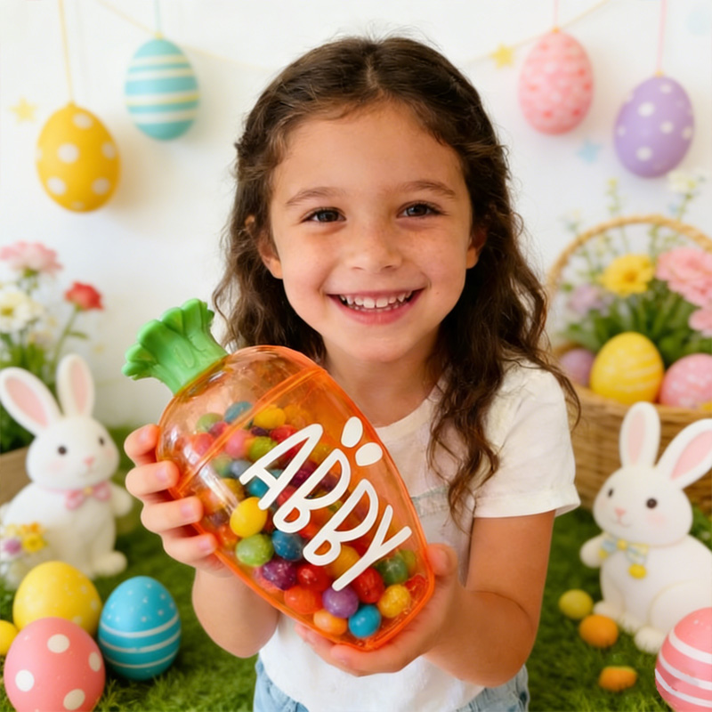 Personalized Easter Bunny Theme Name Colorful Egg Hunt Candy Container Kids Party Favor Gift Carrot Treat Holder