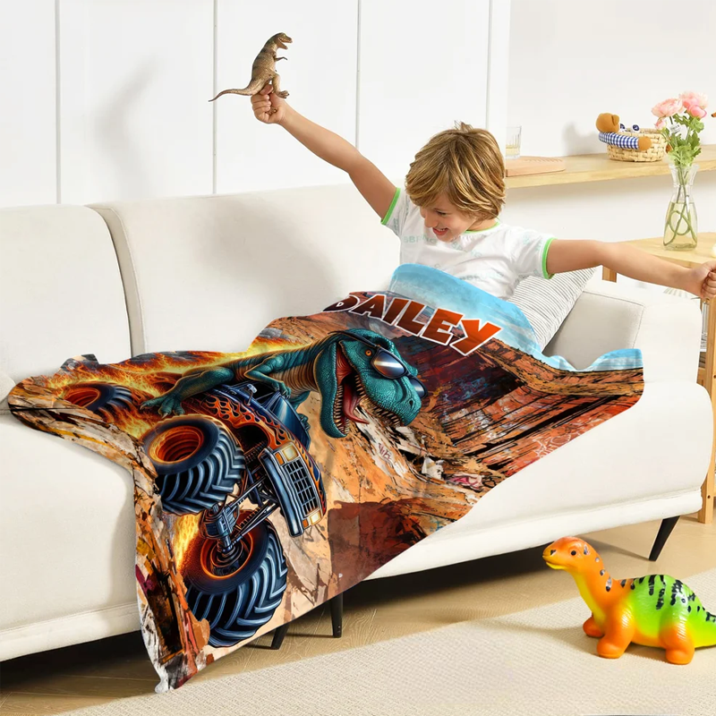 Personalized Monster Cheetah Lion Dinosaur Truck Soft Throw Blanket with Name Birthday Gift for Boys Kids Babies Truck Lovers