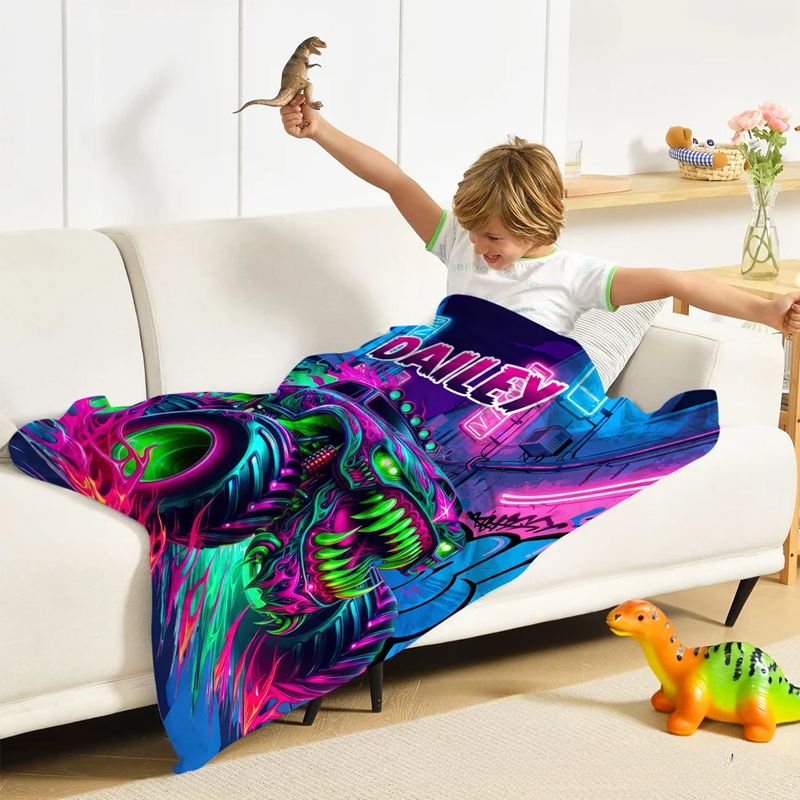Personalized Monster Neon Truck Soft Throw Blanket with Name Home Decor Birthday Gift for Boys Truck Lovers