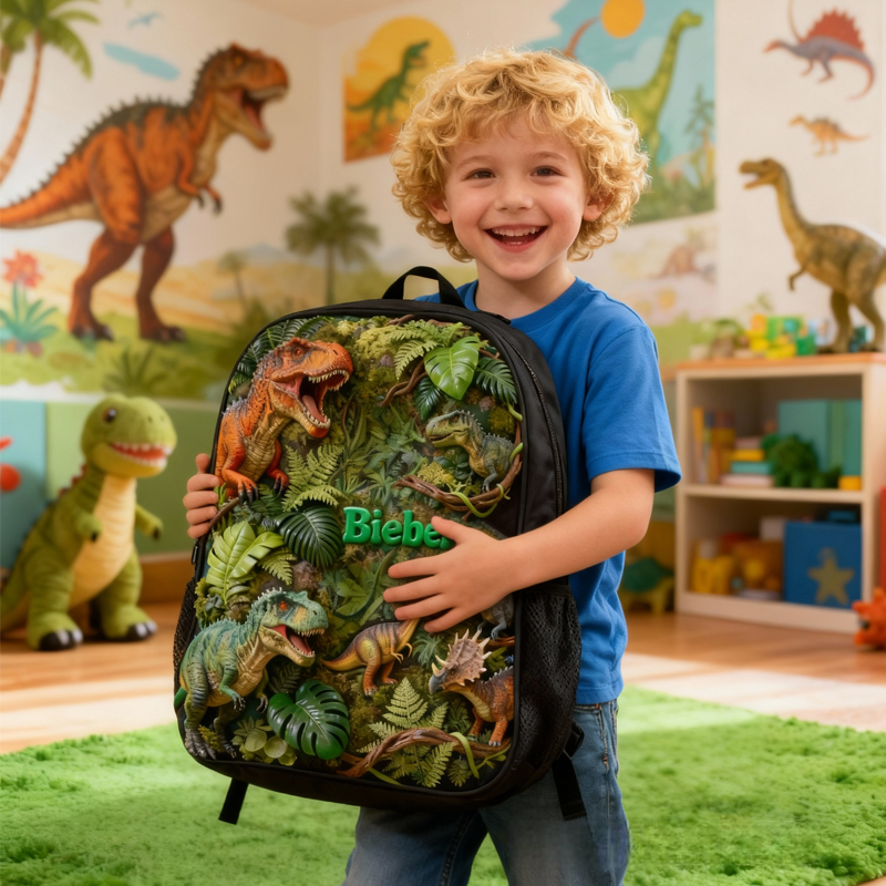 Personalized Cool Dinosaur Design and Custom Name Backpack for Kids Black to School Gift Dinosaur Lover Gift