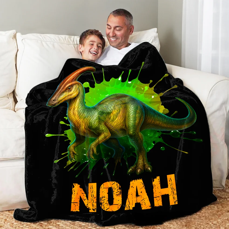 Personalized Cool Dinosaur Multicolor Cozy Throw Blanket with Name Home Decor Holiday Birthday Gift for Boys Girls Dinosaur Lovers