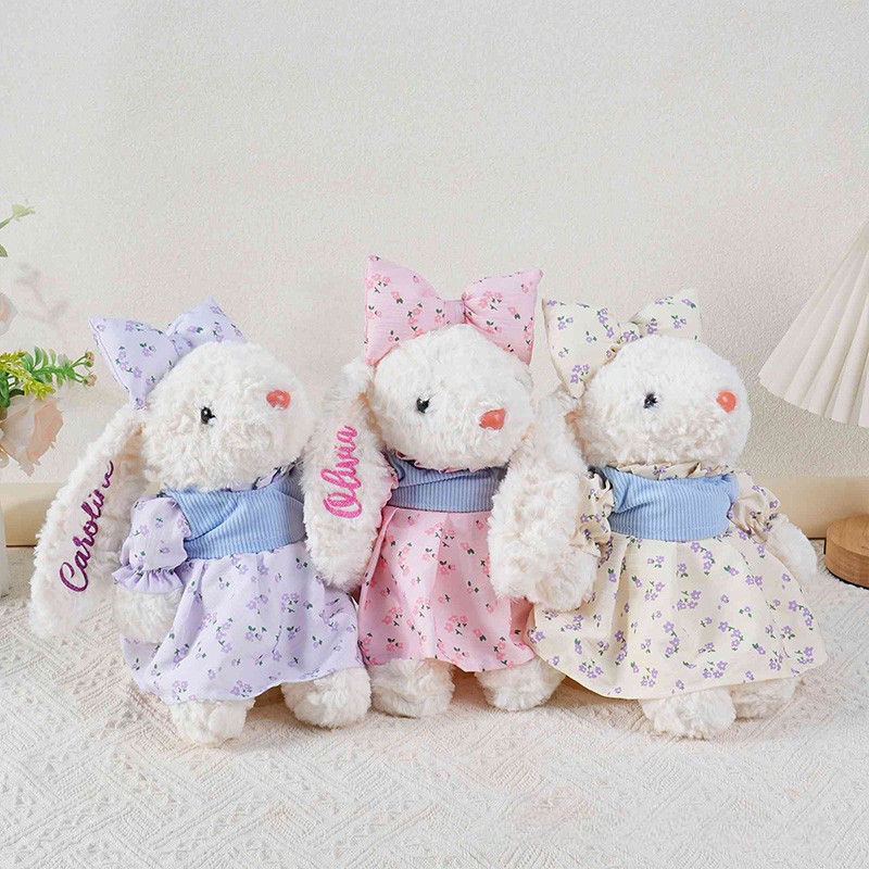 Personalized Cute Bunny Theme Custom Name Adorable Rabbit with Bow and Floral Dress Bunny Doll Toy