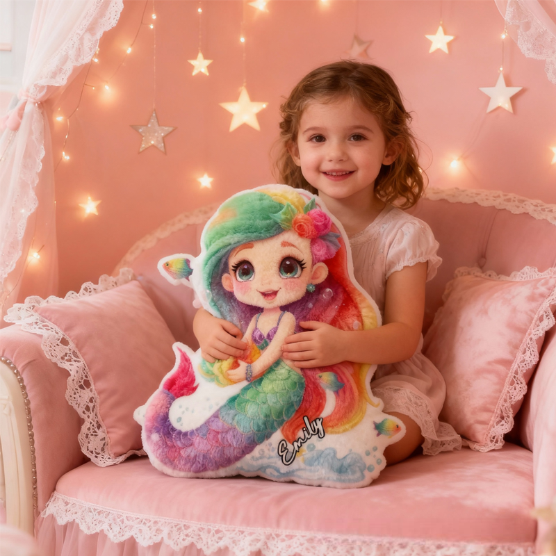 Personalized Colorful Mermaid with Name Graphic 3D Print Pillow Christmas Gift for Kids or Baby Birthday Gift