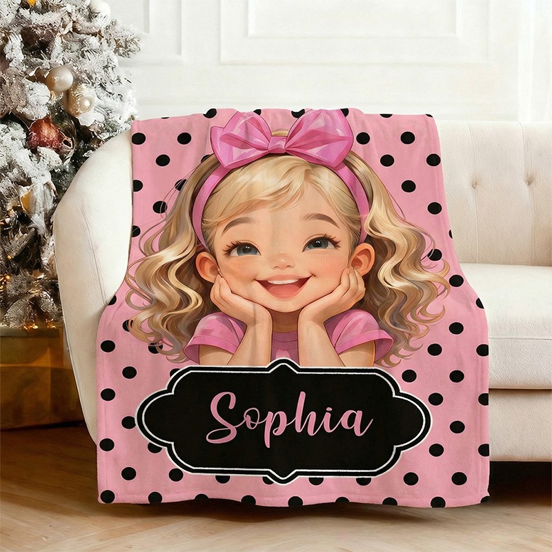 Personalized Girl Theme Custom Name Cute Pink Polka Dot Cartoon Character Style Soft Blanket