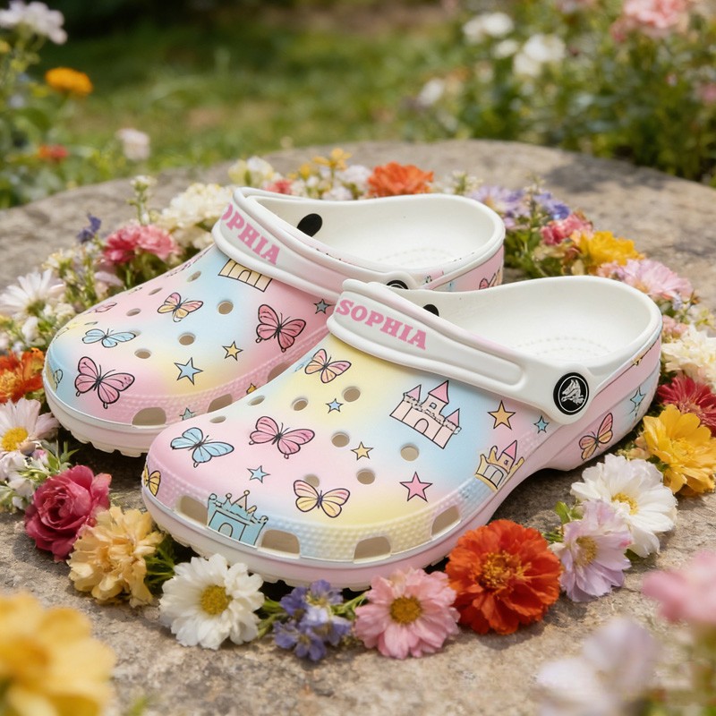 Personalized Butterfly Theme Custom Name Cute Colorful Bow and Flower Pattern Kids Rubber Clogs