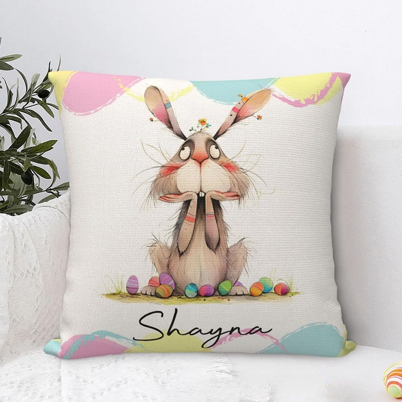 Personalized Quirky Easter Egg Bunny Soft Throw Pillow Cover with Name Easter Party Home Decor Gift for Kids
