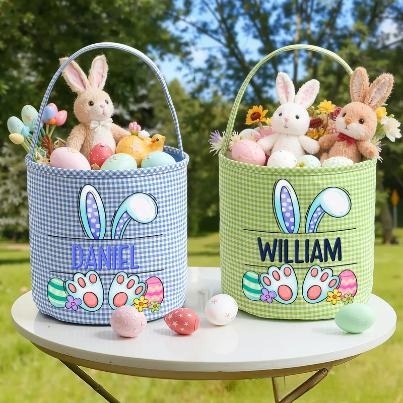 Personalized Multi-Color Cute Rabbit Large Capacity Plaid Easter Basket with Name Easter Egg Hunting Party Favor Gift for Boys Girls