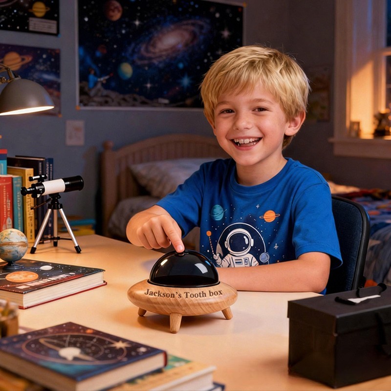 Personalized Astronaut Theme Custom Name Round Spaceship Style Wooden Memory Tooth box