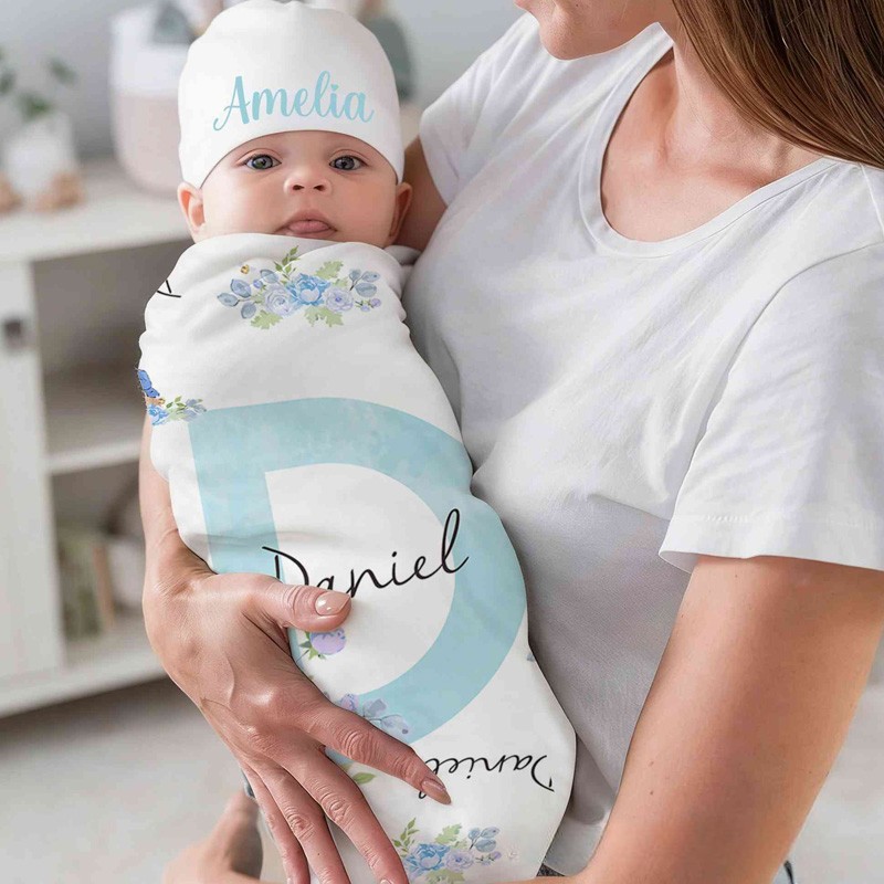 Personalized Name Peter Rabbit Bunny Alphabet Receiving Blanket with Hat Swaddle Hat Set for Baby Girl Boy Birthday Baby Shower Easter Gift for Newborns