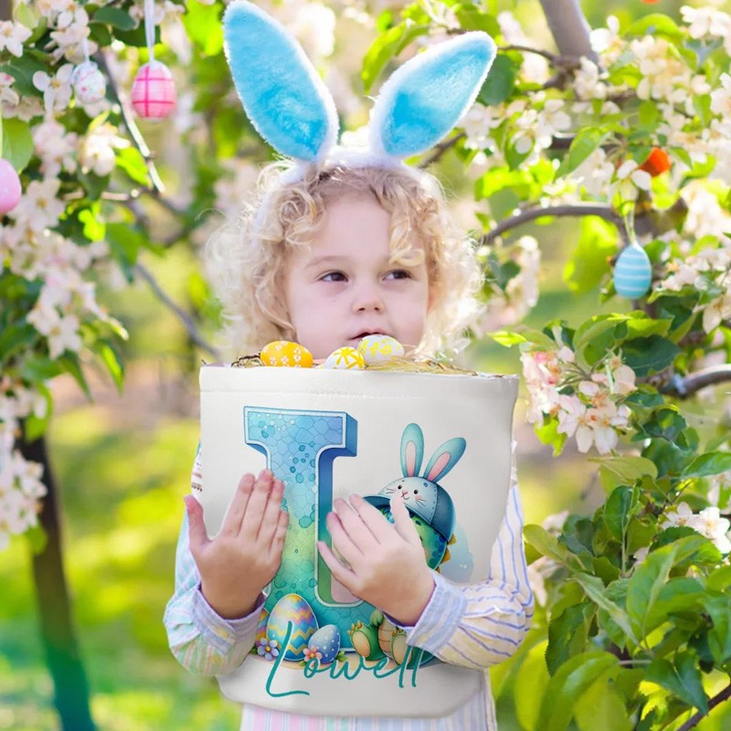 Personalized Cute Fantasy Rainbow Horse Dinosaur Canvas Easter Basket with Initial and Name Party Favor Eggs Hunting Easter Gift for Kids