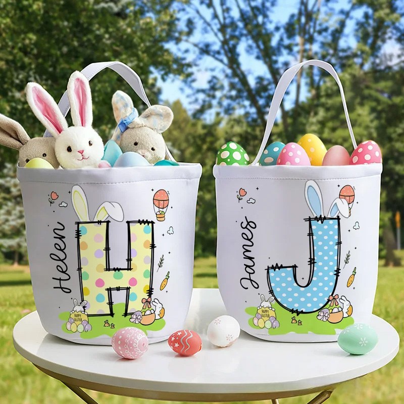 Personalized Bunny Ears Initial Hot Air Balloon Canvas Easter Basket with Name Eggs Hunting Party Easter Gift for Kids
