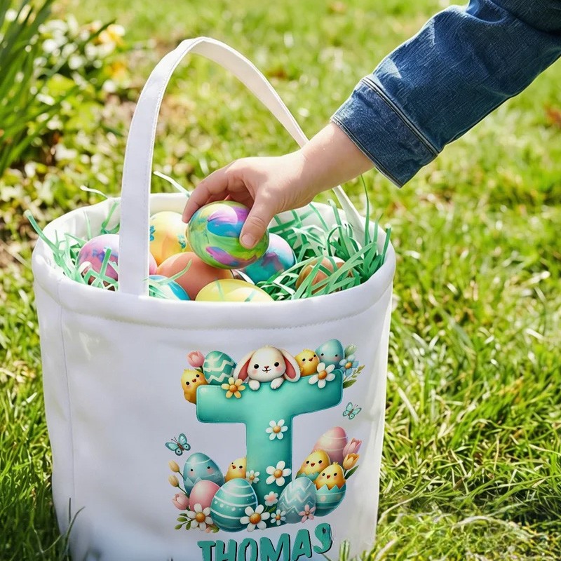 Personalized Cartoon Bunny Easter Eggs Large Capacity Canvas Easter Basket with Name and Initial Eggs Hunting Party Easter Gift for Kids