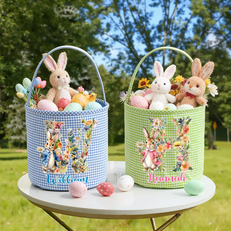 Personalized Cute Flower Rabbit Easter Basket with Name and Initial Easter Eggs Hunting Party Favor Gift for Boys Girls