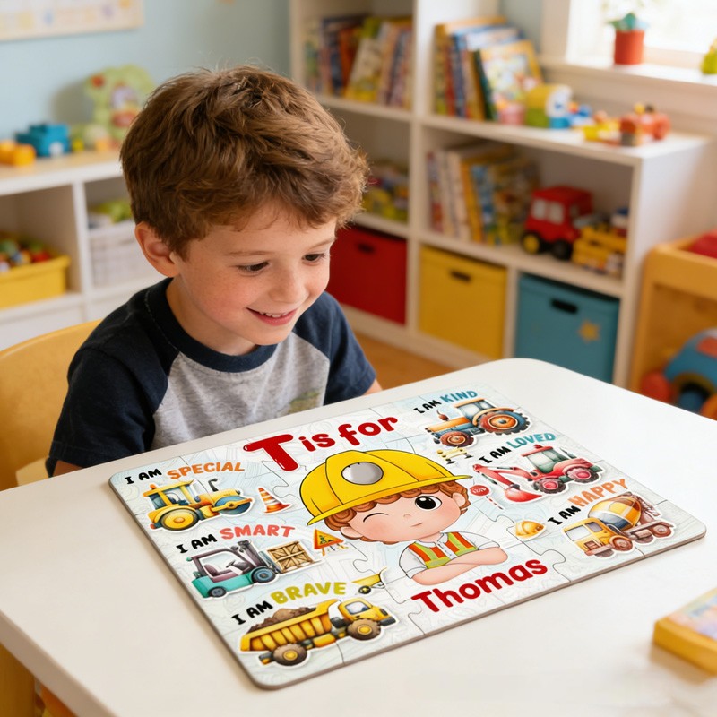 Personalized Fun Construction Theme Custom Name Photo Face Alphabet Learning Truck Pattern Puzzle