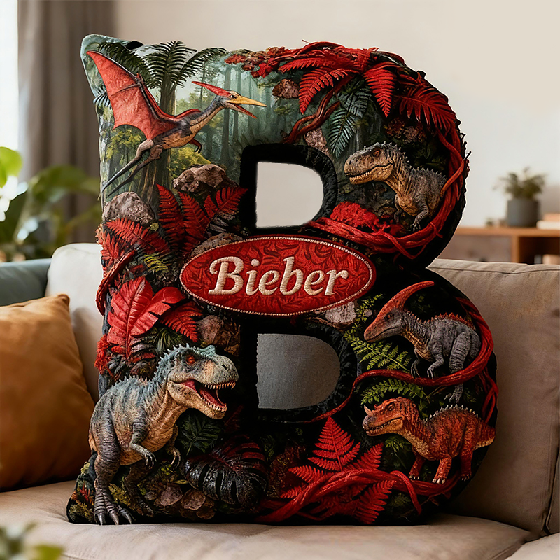 Personalized Dinosaur Jungle Letter Custom Name Soft Decorative Gift Adventure Forest Style Cozy Bedroom Green Red T Rex Velociraptor Fun Explorer Boy Room Graphic 3D Print Pillow Sale-megacustom