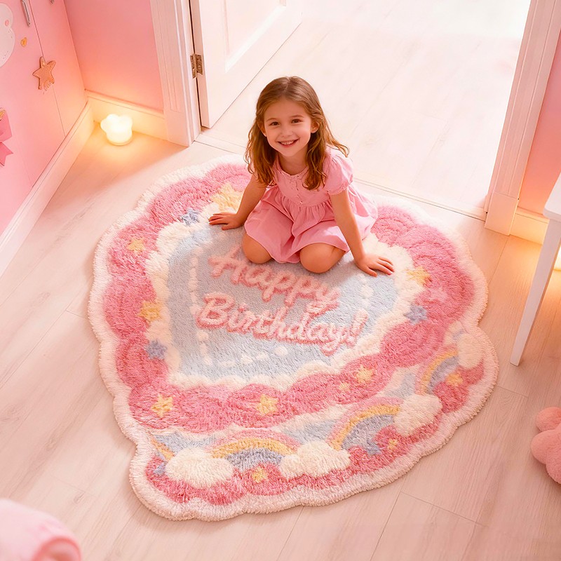 Personalized Heart Cake Custom Name Soft Decorative Gift Sweet Birthday Style Cozy Bedroom Pink Cream Lovely Pastel Colorful Cute Celebration Graphic Carpet Rug for Kids