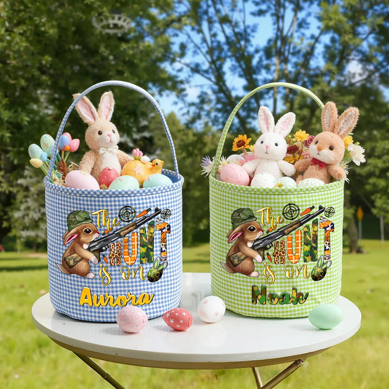 Personalized Cute Bunny Camouflage Flower Plaid Easter Basket with Name Easter Egg Hunt Easter Gift for Boys Girls