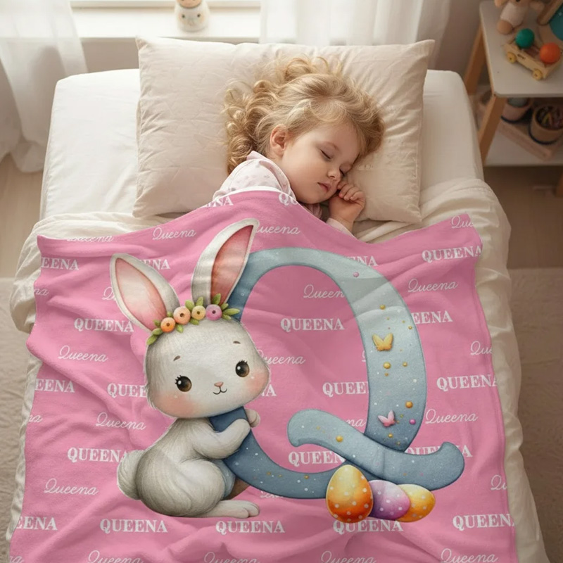 Personalized Cute Easter Bunny Egg Soft Throw Blanket with Name and Initial Home Decor Easter Party Gift for Kids