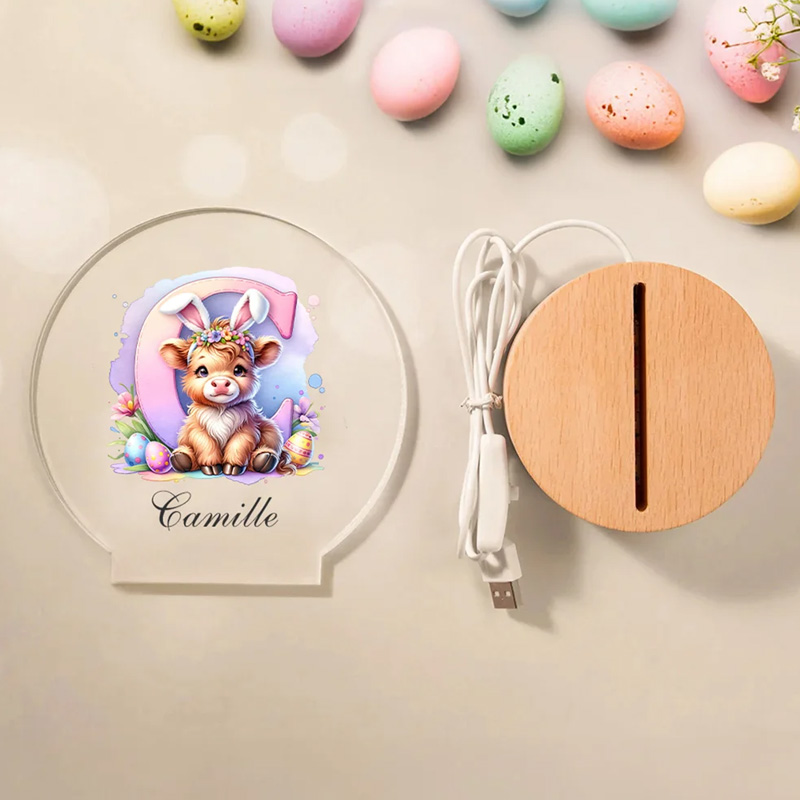 Personalized Bunny Ears Highland Cow Easter Egg LED Night Light with Name and Wooden Base Nursery Decor Easter Gift for Kids