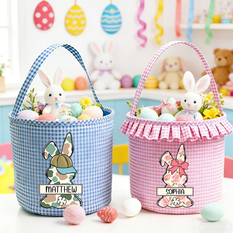 Personalized Bunny Plaid Easter Basket with Name Easter Eggs Hunting Easter Day Gift for Boys Girls