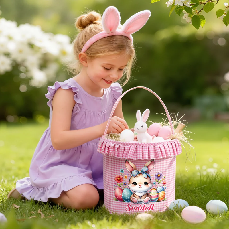 Personalized Cartoon Cute Bunny Chick Reusable Easter Plaid Basket with Name Easter Egg Hunt Easter Party Gift for Kids