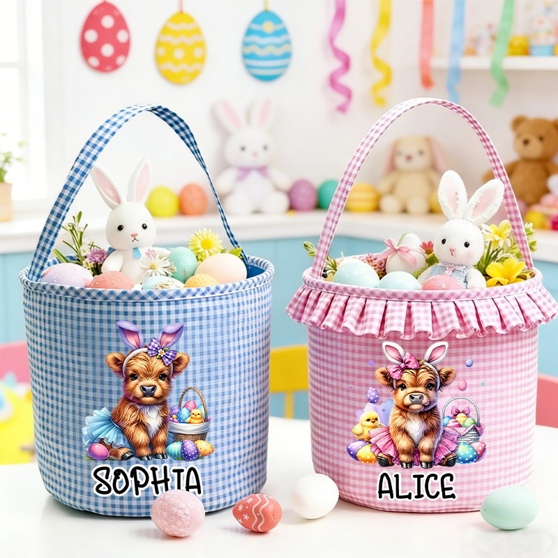 Personalized Cute Easter Highland Cow Plaid Easter Basket with Name Easter Eggs Hunting Easter Day Gift for Boys Girls