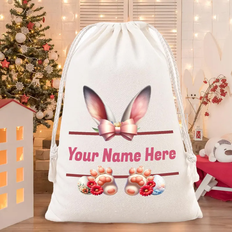 Personalized Easter Bunny Ear Theme Name Custom Gift Bag Kids Candy Storage Sack for Egg Hunt Spring Party Decor