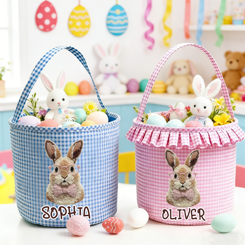 Personalized 3D Printing Cute Easter Bunny Plaid Easter Basket with Name Easter Eggs Hunting Easter Day Gift for Boys Girls