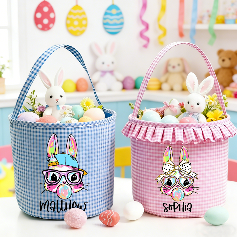 Personalized Cute Coquette Bow Easter Bunny Plaid Easter Basket with Name Easter Eggs Hunting Easter Day Gift for Boys Girls