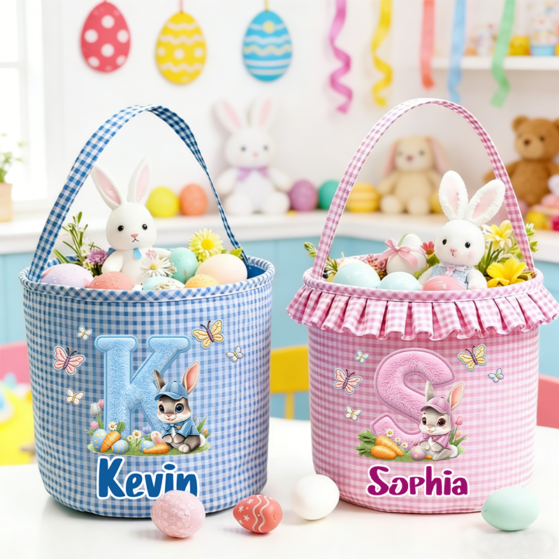 Personalized Butterfly Cute Rabbit Plaid Easter Basket with Name and Initial Easter Eggs Hunting Easter Day Gift for Boys Girls