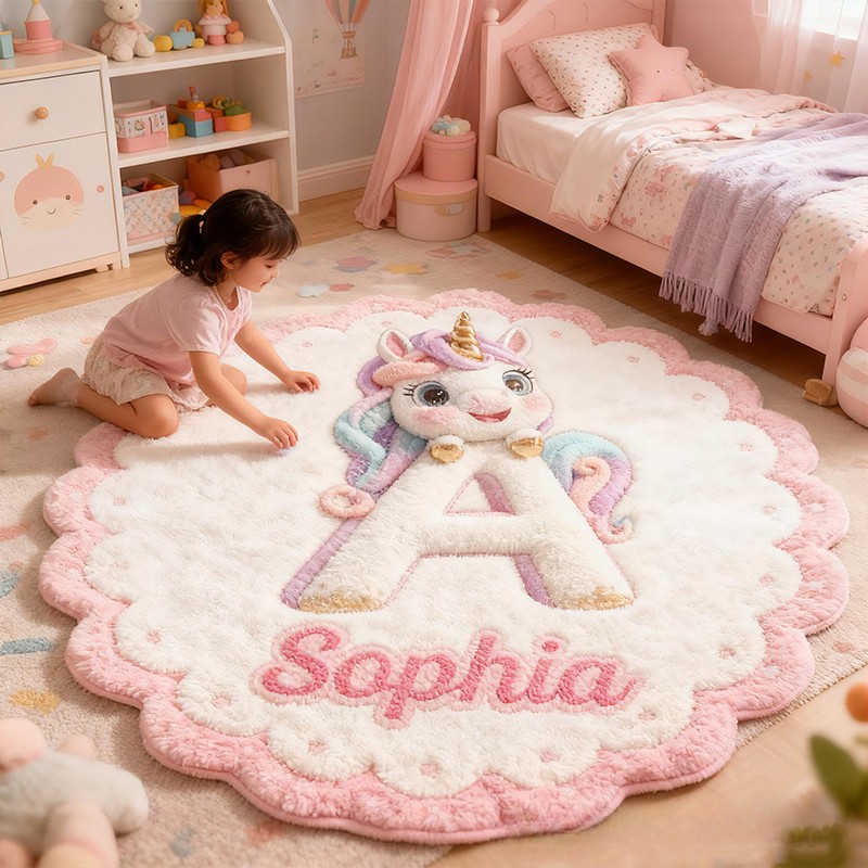 Personalized Initial Letter Custom Name Soft Decorative Gift Fairytale Princess Style Cozy Nursery Room Dream Magic Pink Carpet Rug for Kids