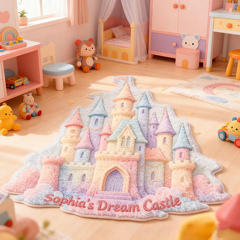 Personalized Dream Castle Shape Custom Name Soft Decorative Gift Fairytale Princess Style Cozy Nursery Soft Room Rainbow Magic Fantasy Carpet Rug for Kids